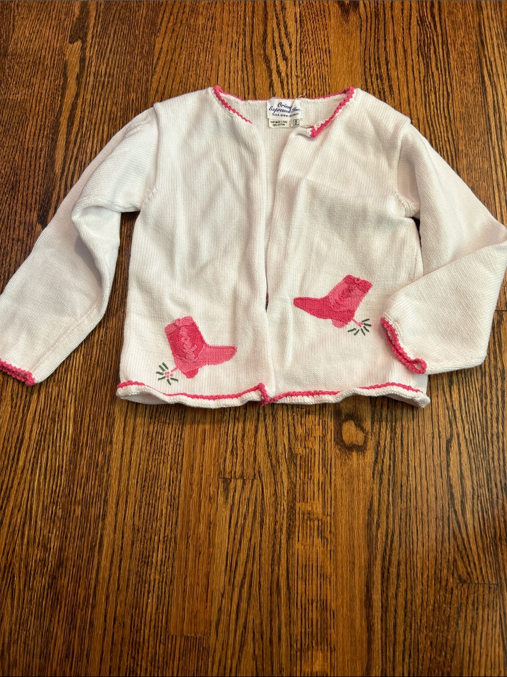 Girls White Cardigan with Pink Boot Appliqué Orientation Expressed